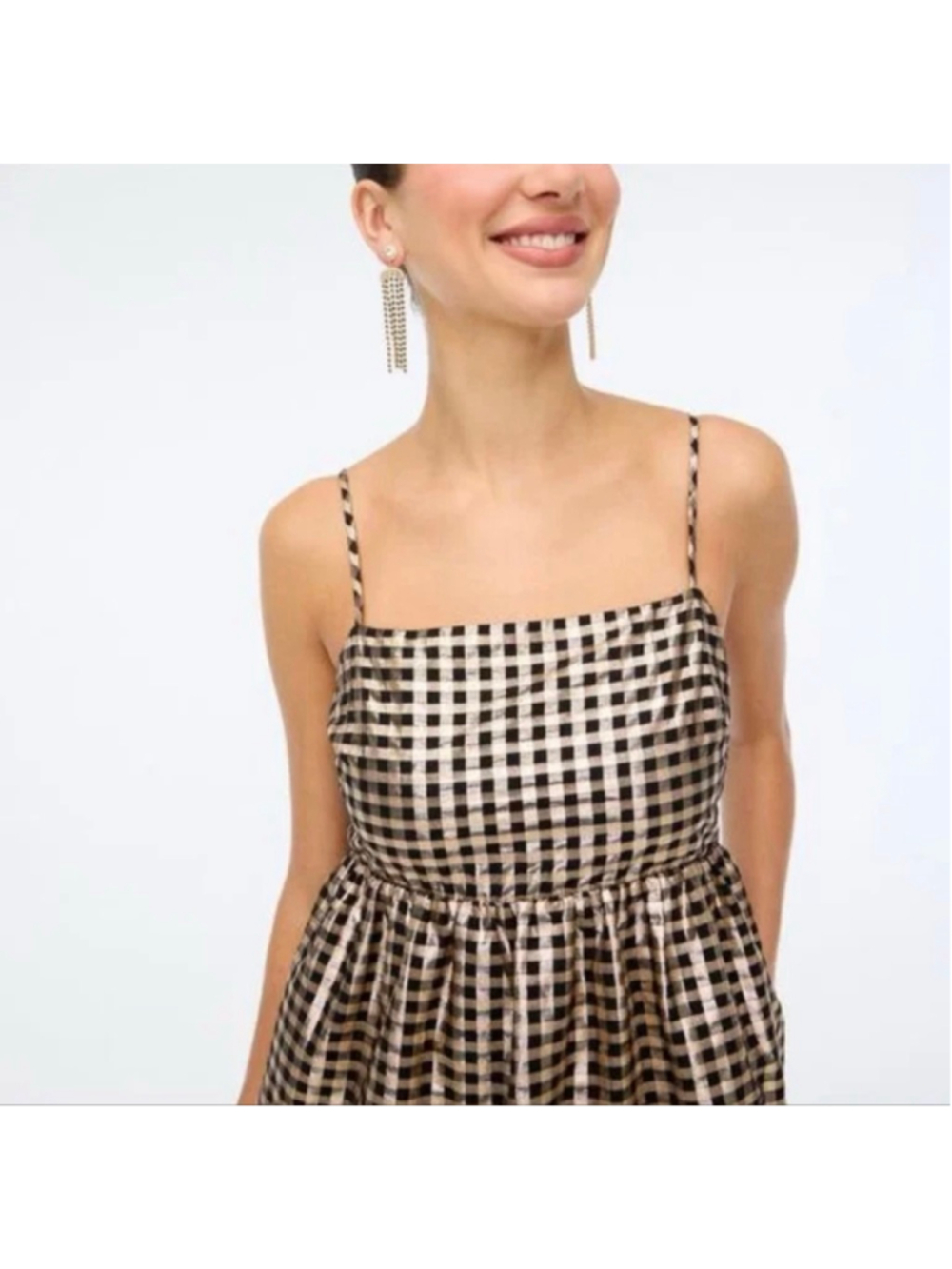 NEW with tags J.Crew Black Gold Gingham Tiered Mini Dress Size 4 - Picture 2 of 8